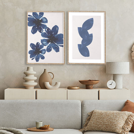 Blue Flowers And Leaves Gallery Wall-סט תמונות לבית-זוג תמונות אבסטרקט לבית עם גוונים כחולים-MIKOO
