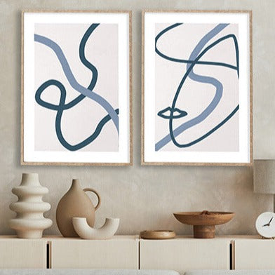 Blue Line Abstract Gallery Wall-סט תמונות לבית-זוג תמונות קיר אבסטרקטיות מודרניות לבית עם גוונים כחולים-MIKOO