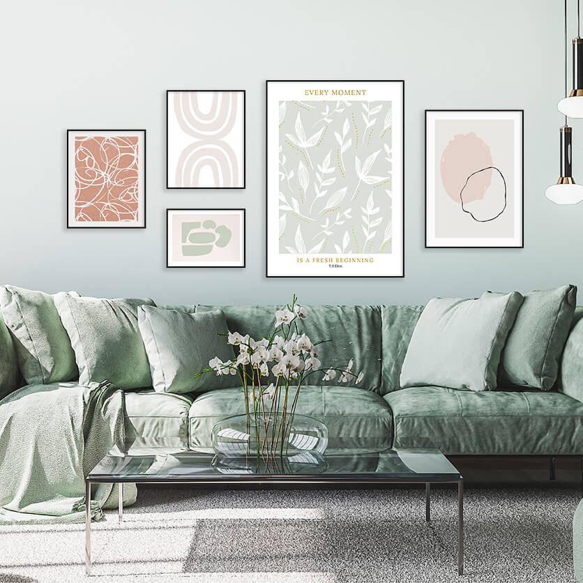 Fresh Feel Gallery Wall-סט תמונות לבית-סט תמונות קיר לסלון עם איורי אבסטרקט בשילוב צבעים מיוחד-MIKOO