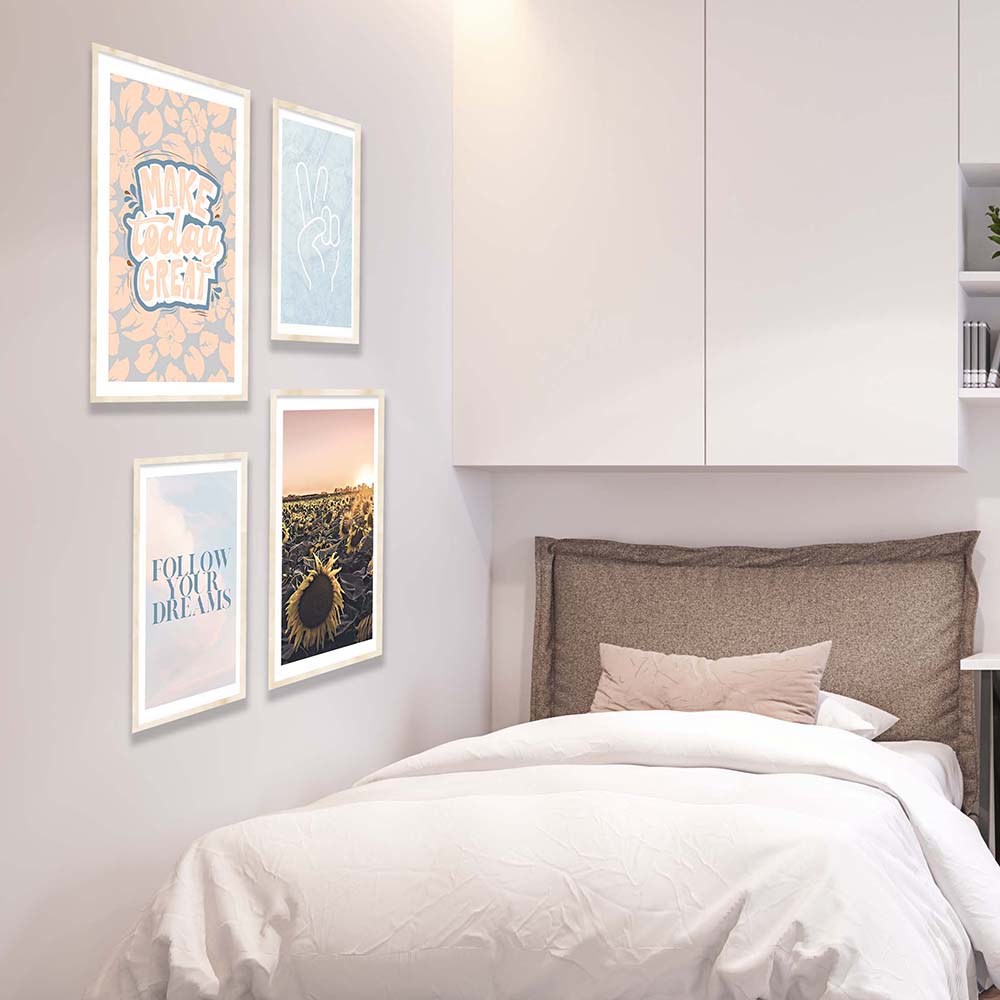 רביעיית תמונות לחדר שינה עם צבעים מרגיעים ומשפטי השראה-סט תמונות לבית-MIKOO