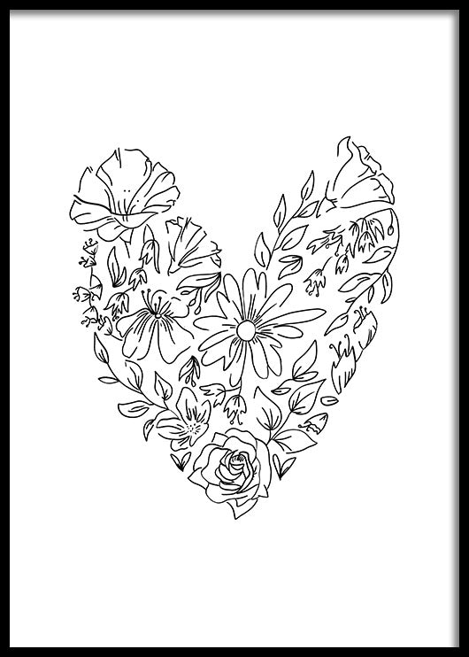 תמונת לבית שחור לבן לב מפרחים-MIKOO